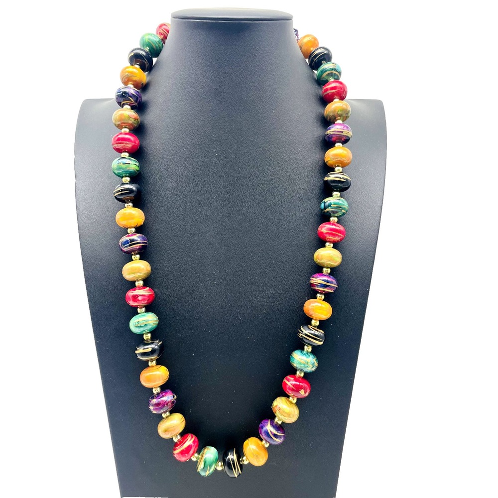 Vintage Multicolor Beaded Necklace Black Pink Yellow Green Statement Jewelry